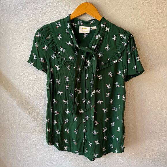 Maeve by Anthropologie Adagio Green Ruffled Dog Shirt Short Sleeves Size Small - Picture 2 of 9